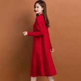 Autumn and Winter New Wool Knitted Long Sleeve Solid Versatile Half High Collar Knee Length Dress Loose Bottom Wool Dress