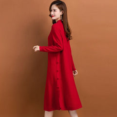 Autumn and Winter New Wool Knitted Long Sleeve Solid Versatile Half High Collar Knee Length Dress Loose Bottom Wool Dress