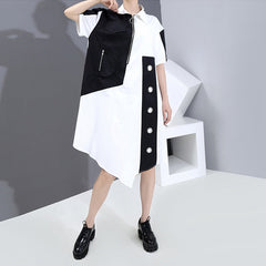 Holes Contrast Color Design Black White Patchwork Woman Summer Casual Asymmetrical Shirt Dress Big Size Loose Fit Style LLMD004