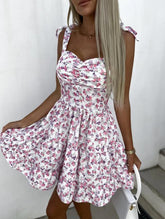 2023 Summer Fashion Short Boho Dress Women Mini Floral Print Dress Female Sleeveless Hanging Belt Printed Waist Folded Dress
