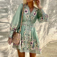 Autumn Summer Women Retro Print Bohemian Dress Lantern Sleeve V-neck High Waist Button Cardigan Slim Lady Party Dresses Vestidos