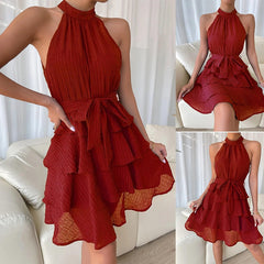 Hoobd Women Soild Ruffle Design Dress Halter Neck Dress Casual Sweet Style Dress Grace Sleeveless Dress Women Summer Dress