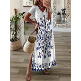 Hoobd Vintage Print Maxi Dress Women 2023 Summer Elegant V Neck Short Sleeve Loose Split Casual Dress Female Party Boho Beach Vestidos