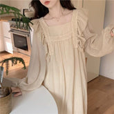 Sweet Solid Color Spliced Folds Bandage Bow Ruffles Midi Dress