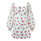 2023 Women French Style Rose Flower Print Satin Dress Vintage Puff Long Sleeve Ladies Holiday Mini Robe