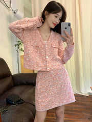 Autumn Winter Korean Fashion Sweater Female Knit Cardigan Crop Top Mini Skirt Two Piece Sets Womens Outifits Ensemble Femme