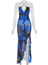 2023 See Through Halter Print Maxi Dress Women Summer New Sexy Backless High Split Ruffles Sexy Party Club Long Dresses Vestidos