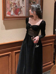 One Piece Dress Korean Ladies Black Fashion Elegant Velvet Dress Female Vintage Long Sleeve Evening Party Midi Dress