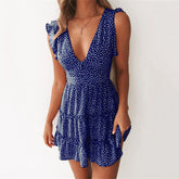 Elegant Ruffle Hem Summer Dress Women Wrap V Neck Polka Dot Printed Dress Flying Sleeve Mini Floral Beach Dresses For Women