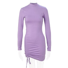 2023 Spring Autumn Sexy Party Dress Women Long Sleeve Ruched Bodycon Black Purple Turtleneck Bandage Mini Dresses vestidos