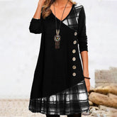 Casual Plaid Spliced Dresses for Women Fashion Autumn Winter Female Vintage Button Long Sleeve Loose V-Neck Patchwork Dresse