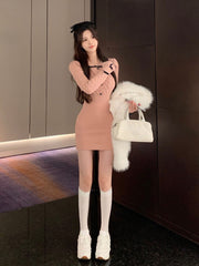 Winter Elegant Knitted Dress Women Kawaii Clothing Bodycon Y2k Mini Dress Female Slim One Piece Dress Korean Fashion Chic