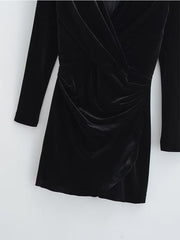 Hoobd New Spring 2023 Women Long Sleeve V Neck Ruched Velvet Mini Dress Vintage Ladies Sexy Vestido