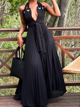 Hoobd Sexy Halter V Neck Lace Up Maxi Summer Dress Women Sleeveless Chiffon Long Dress