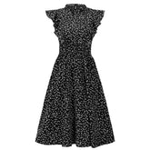 Dot Print Butterfly Sleeve Ruffles Medium Long Chiffon Dress
