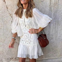 Elegant Bubble Sleeve o Neck Button Mini Dress Women Fashion White Lace Patchwork Holiday Dress Ladies Causal Slim Office Dress