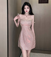 Gold Shiny Mini Dress Women Backless Sexy Short Dress Female Sleeveless Strapless A-line Sequins Dress Spaghetti Straps