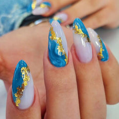 24Pcs Oval Head False Nails Shiny Golden Almond Artificial Fake Nails With Glue Full Cover Nail Tips Press On Nails DIY Manicure