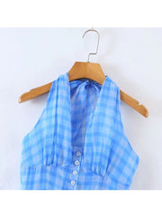 Romantic Women Blue Plaid Halter Long Dress Sexy Backless Sleeveless Ladies Holiday Summer Dresses Fairy Robe