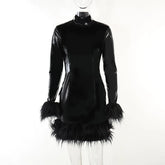 2024 Spring Black PU Leather Feathers Mini Dress for Women Fashion Outfits Sexy Bodycon Dresses Party Club Clothes Prom Vestidos