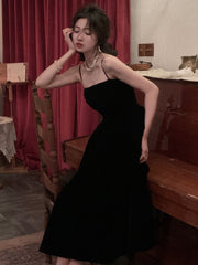 Hoobd Summer Women Elegant Spaghetti Strap Midi Black Velvet Dress Sexy Prom Evening Party Birthday Club Fashion Clothing