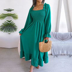 2023 New Women Spring Summer Casual Solid Color Square Neck Flare Large Swing Ruffles Long Dress For Fashion