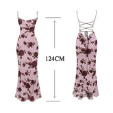 Lace Up Backless Maxi Dress Sexy Mesh Floral Printing Bodycon Holiday Dress Elegant Spaghetti Strap Dress Summer 2023