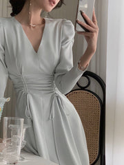 Hoobd New Women Elegant Midi Satin Dress Long Sleeve Party Vestidos One Piece Drawstring Slim Spring Clothes