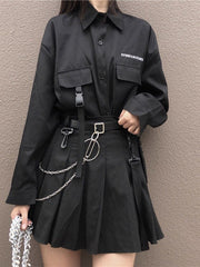 Black Gothic Skirt Pleated Chain Punk Two-piece Suit Loose Long Sleeve Shirt Women Streetwear Harajuku Jk Uniform