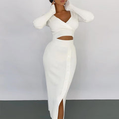 Hoobd Sexy Wrap Knit Suit V-Neck Long-Sleeve Crop Top + Button Slit Midi Skirt Elegant Outfits Socialite Casual Women Two Piece Sets