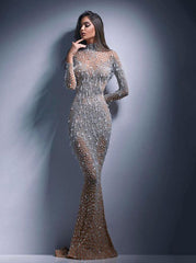 Elegant Women Turtleneck Mesh Sequin Fishtail Dresses Female Luxury Bodycon Sexy Long Sleeve Lady Evening Cocktail Prom Dress