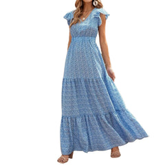 Hoobd Women s Summer Long Beachwear Dress Ruffle Sleeve V Neck Boho Floral A-line Dress