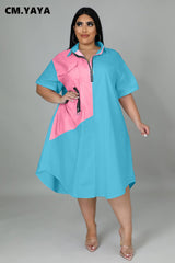 Plus Size Women Patchwork Zipper Turn-down Neck Loose A-line Shirt Style Dress Elegant 2022 Summer Fashion Dresses