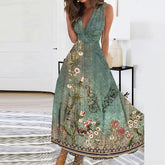 Elegant Pattern Print High Waist Party Dress Summer Deep V Neck Sleeveless Long Dress Female A-Line Big Hem Slim Evening Dresses
