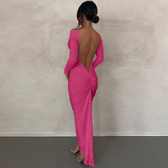 Autumn Long Sleeve Backess Maxi Dress Pink Women Ruched Sexy Party Evening Clubwear Cut Out Bodycon Dresses