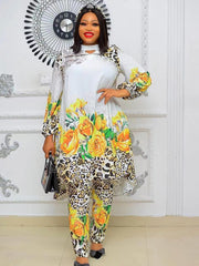 Hoobd2 Piece Set Plus Size Clothes Women Dashiki African 2023 Summer Chiffon Print Tops Pants Trousers Suits Ankara Party Outfits