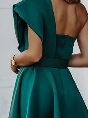 Hoobd Women Green One Shoulder Flared Party Dress With Belt