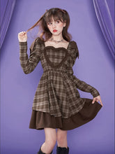 Kawaii Lolita Dress Preppy Style Ruffles Patchwork Long Sleeve Plaid Dresses Elegant Vintage Puff Sleeve Square Collar