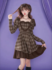 Kawaii Lolita Dress Preppy Style Ruffles Patchwork Long Sleeve Plaid Dresses Elegant Vintage Puff Sleeve Square Collar