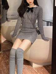 Autumn Kawaii Knitted Two Piece Set Women Casual Bow Sweet Mini Skirt Suit Female Korean Fashion Warm Elegant Sweater Set