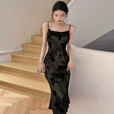 Lace Black Elegant Women Dress Vintage Strap Embroidery Floral Mermaid Midi Club Gown Robe Femme Ropa Sexy Mujer Verano Vestidos
