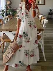 Hoobd Summer Fashion Floral Print Holiday Long Dress Casual Loose Drawstring Half Sleeve Dress Women V Neck Chic Ruffled Boho Dresses