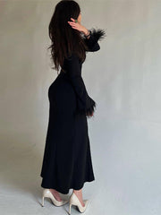 Women's Feather Cuffs Maxi Dresses Advanced Black Retract Waist Bodycon Dress 2023 Spring Temperament Ladies O Neck Clothes