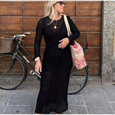 Woman Elegant Solid Full Sleeve Dresses 2023 Summer Female O-Neck Backless Streetwear Long Robe Ladies Fashion Belt Slim Dress