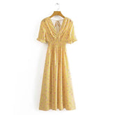 2023 Spring New Long Dress Women's V-neck Split Printing Dress Floral Elastic Waist Sexy Backless Lace-up Dress Mujer Boho Robes