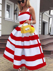 Women Elegant Off Shoulder Long Party Dress New Summer Striped Print Sleeveless Dress Fashion Chic A-Line Suspender Beach Dress
