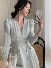 Hoobd New Women Elegant Midi Satin Dress Long Sleeve Party Vestidos One Piece Drawstring Slim Spring Clothes