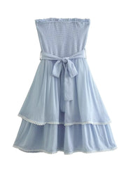 Hoobd New Women With Belt Blue Strapless Sexy Dress Sleeveless Elegant Ladies Mini Dresses