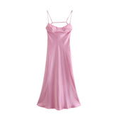 2023 New Women Hollow Design Silk Satin Texture Midi Suspender Dress Summer Sexy Revealing Back Slit Slim Pink Dress