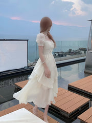2023 Summer Chiffion Elegant Midi Dress Women Kawaii Clothing Short Sleeve Beach Style Party Dress Office Lady Korean Fashion
